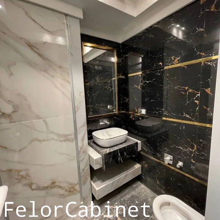 کابینت روشویی مینیمال مدل ۱۱۰۴ با صفحه و شلف سرامیک پرسلان