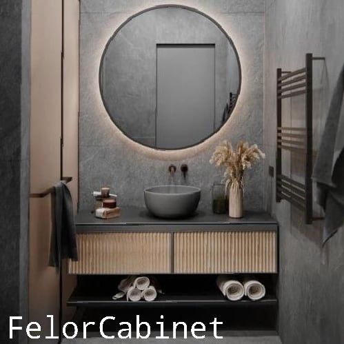 کابینت روشویی مدل 1110 | طراحی مدرن بامبو با شلف باز و کاسه چینی