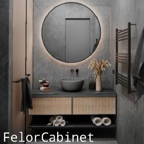 کابینت روشویی مدل 1110 | طراحی مدرن بامبو با شلف باز و کاسه چینی
