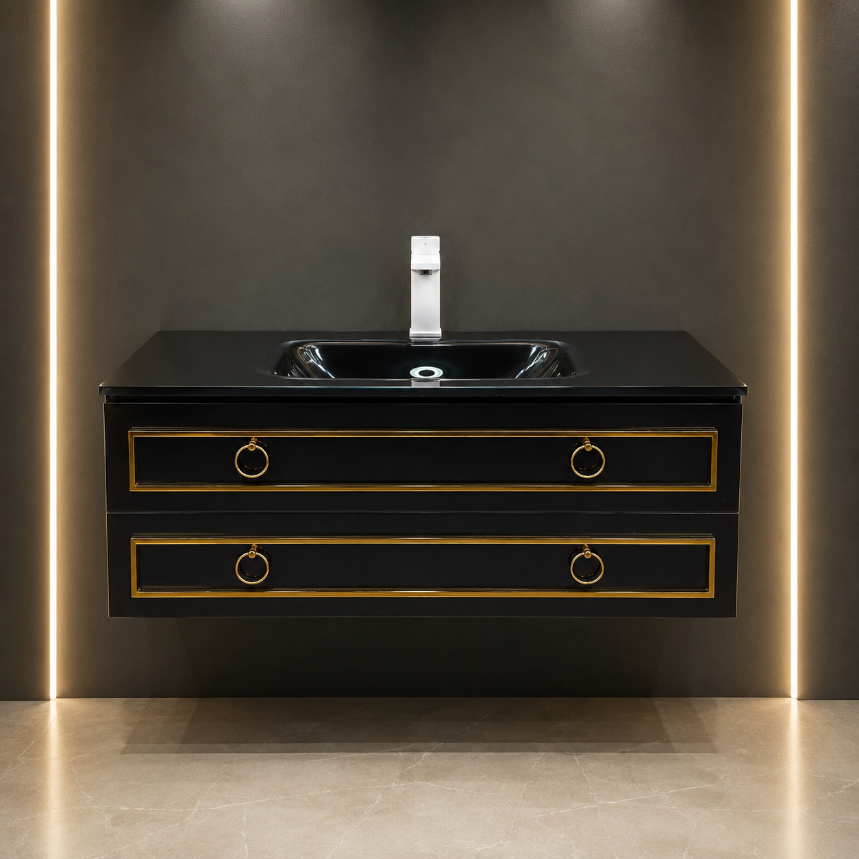 کابینت روشویی لاکچری مدل ۱۰۸۶ با طراحی کلاسیک و یراق‌آلات طلایی