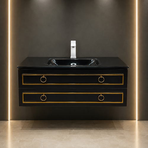کابینت روشویی لاکچری مدل ۱۰۸۶ با طراحی کلاسیک و یراقآلات طلایی