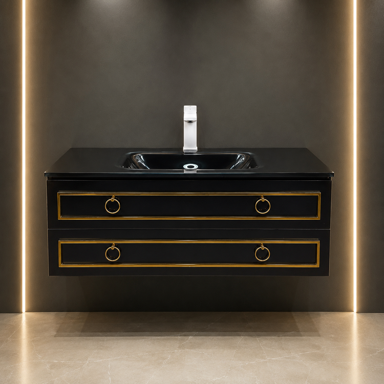 کابینت روشویی لاکچری مدل ۱۰۸۶ با طراحی کلاسیک و یراقآلات طلایی